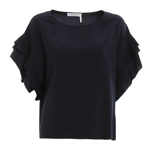 Chloé 100% Silk Blouse With Pleated Ruffle Sleeves in Ink Navy Size 34/XS